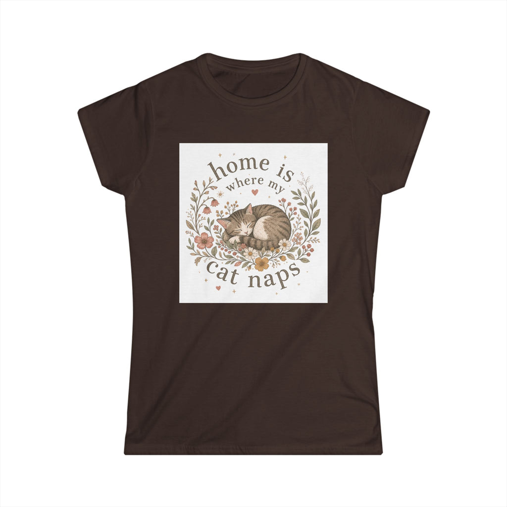 Women's Tee — "Home Is Where My Cat Naps" Cute Floral Cat Nap T-Shirt