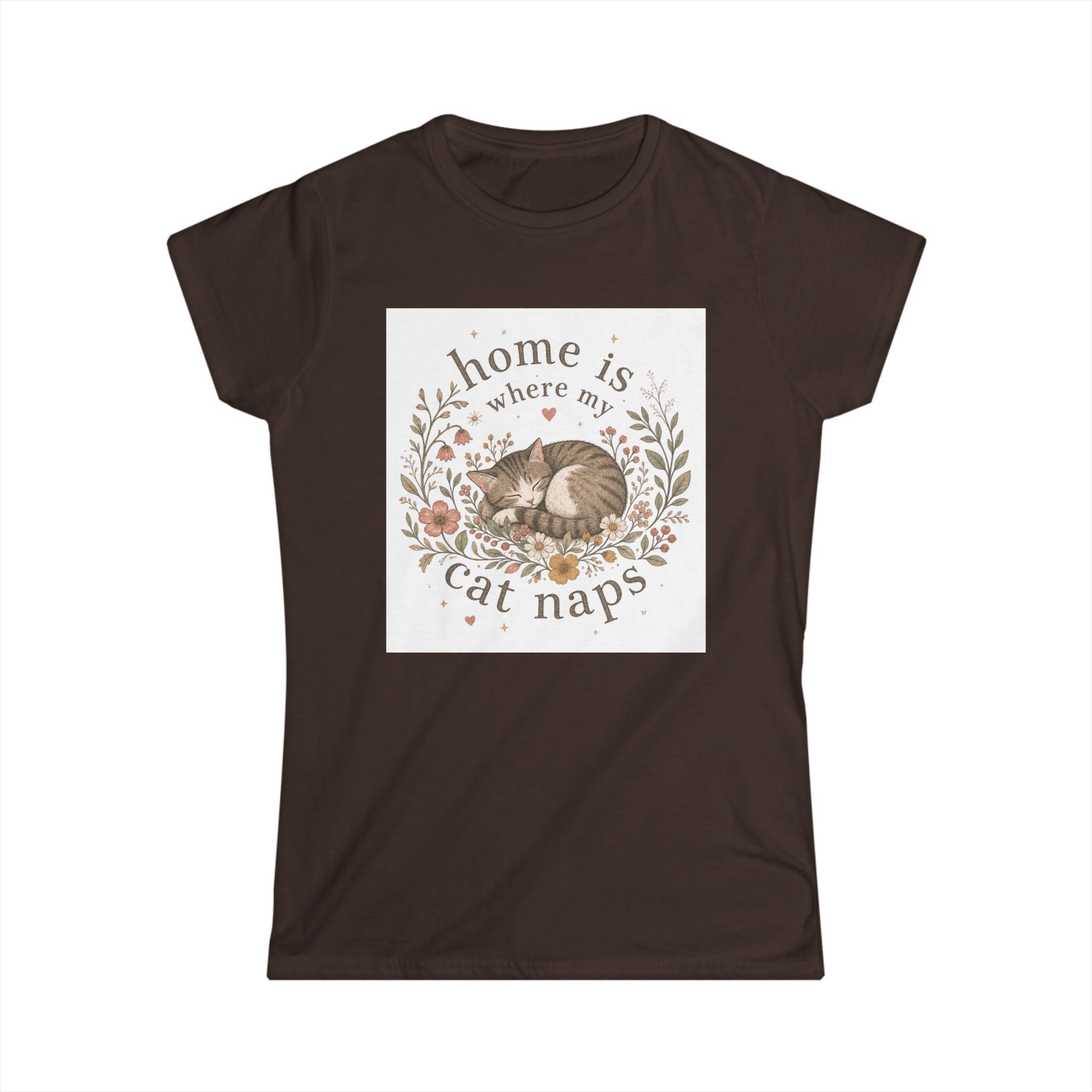 Women's Tee — "Home Is Where My Cat Naps" Cute Floral Cat Nap T-Shirt