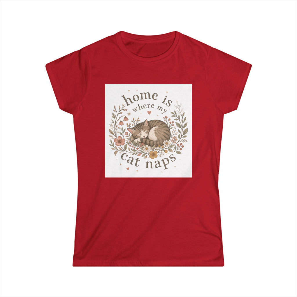 Women's Tee — "Home Is Where My Cat Naps" Cute Floral Cat Nap T-Shirt