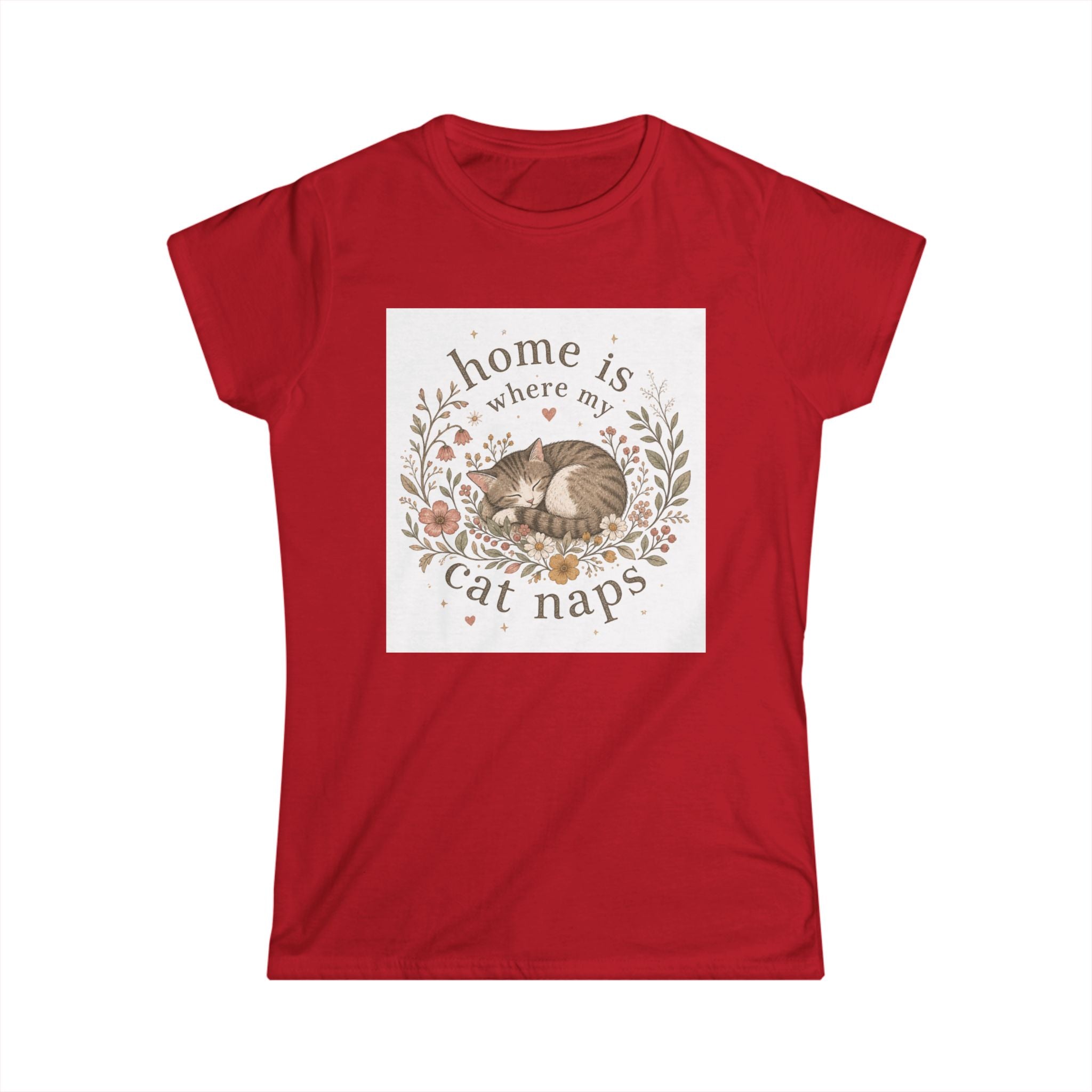 Women's Tee — "Home Is Where My Cat Naps" Cute Floral Cat Nap T-Shirt