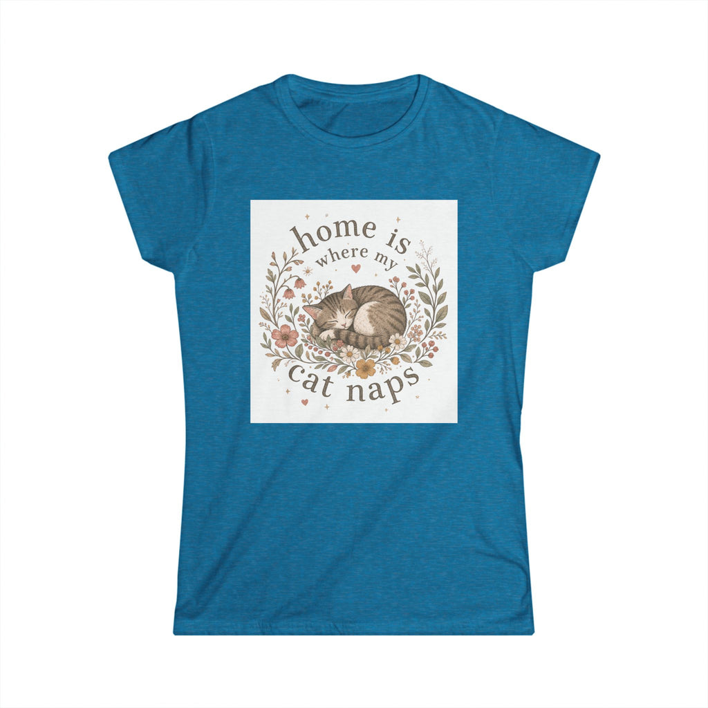 Women's Tee — "Home Is Where My Cat Naps" Cute Floral Cat Nap T-Shirt