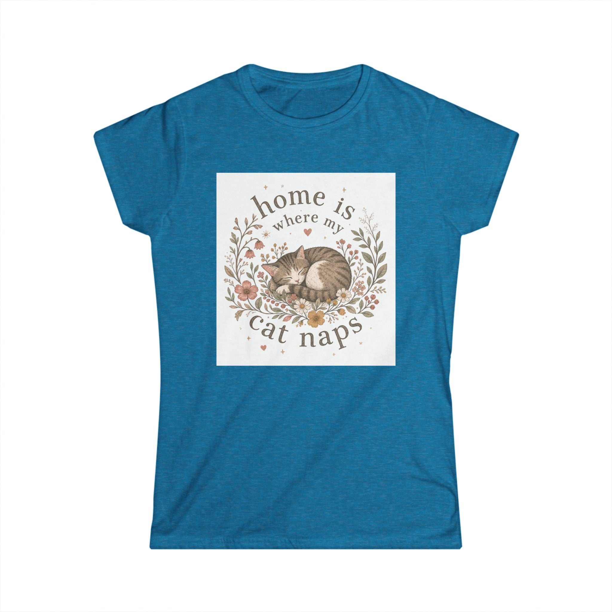 Women's Tee — "Home Is Where My Cat Naps" Cute Floral Cat Nap T-Shirt