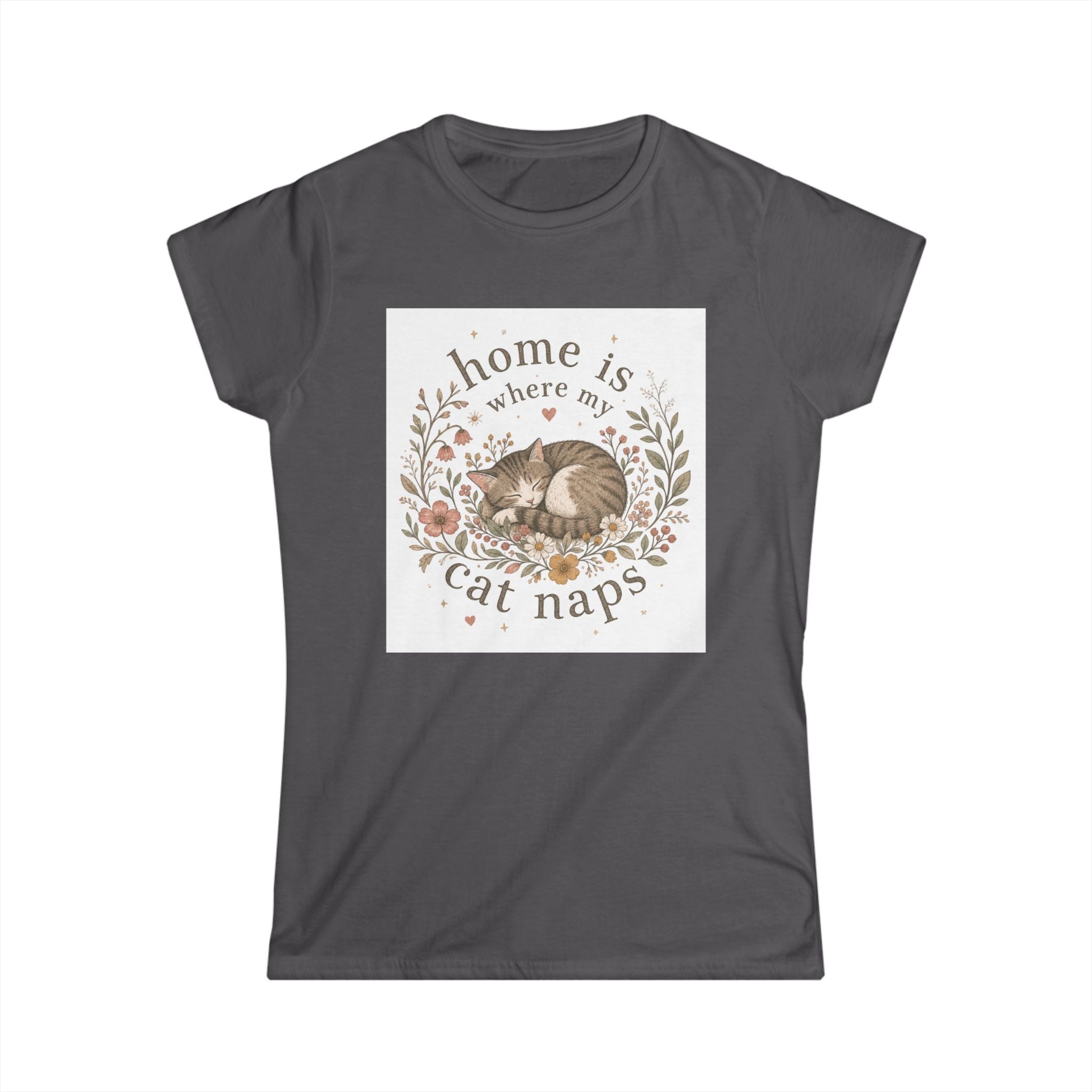 Women's Tee — "Home Is Where My Cat Naps" Cute Floral Cat Nap T-Shirt