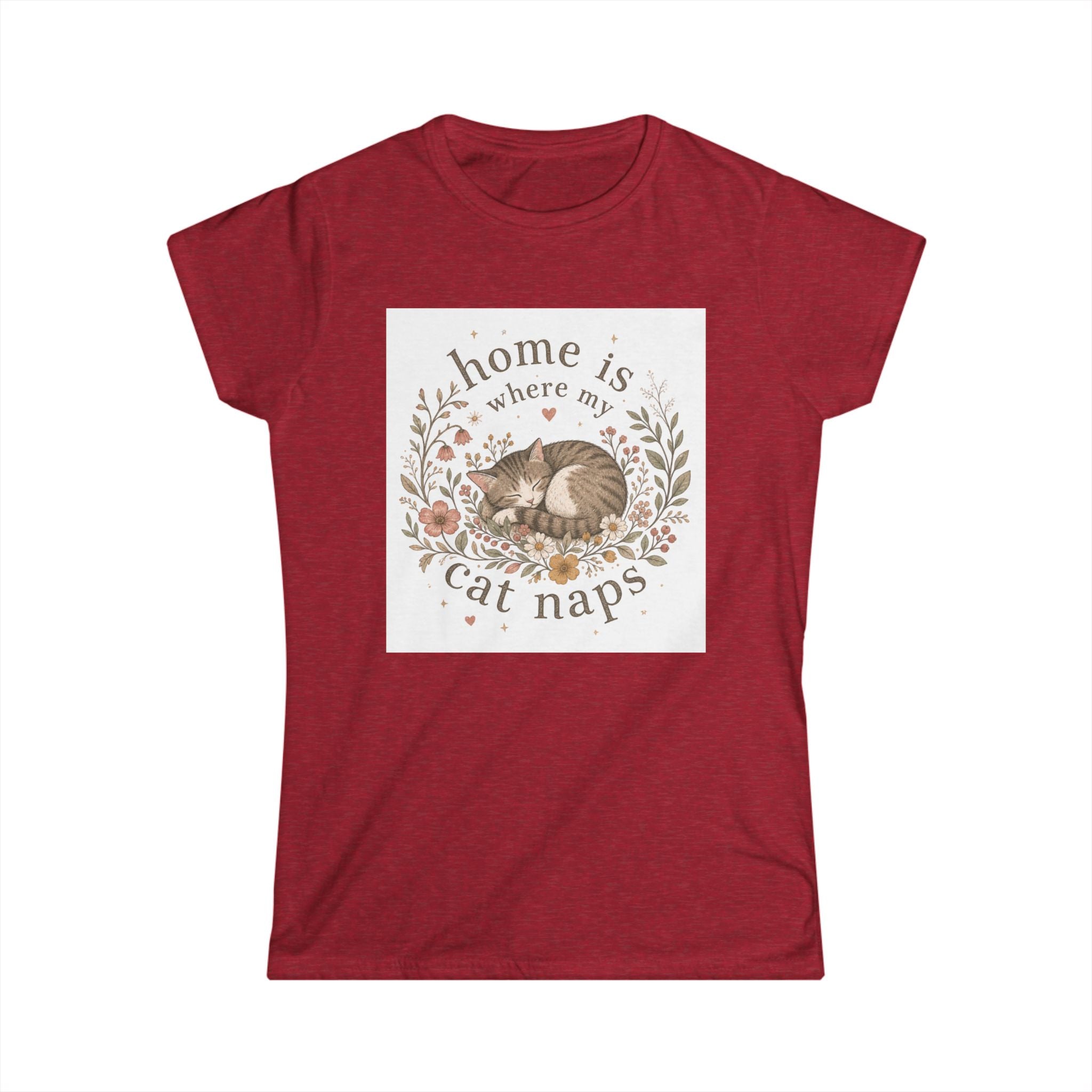 Women's Tee — "Home Is Where My Cat Naps" Cute Floral Cat Nap T-Shirt