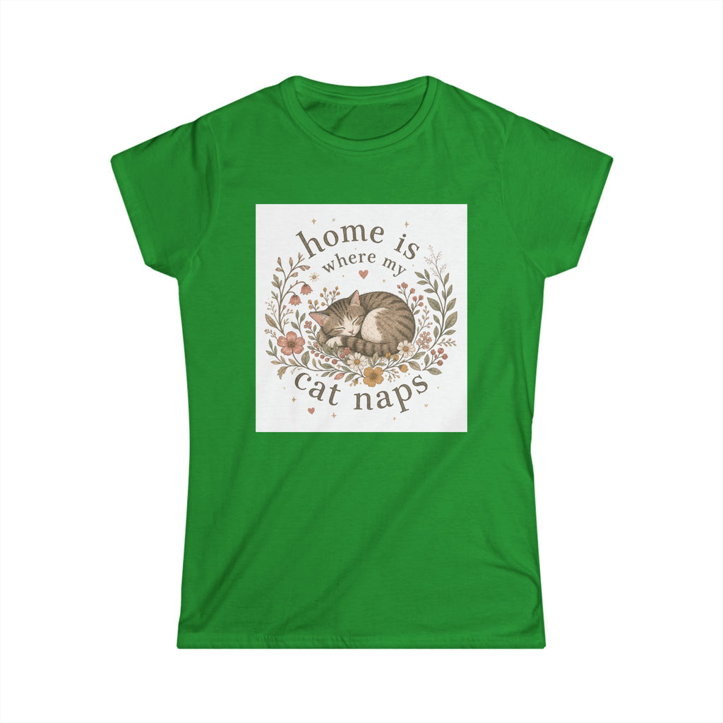 Women's Tee — "Home Is Where My Cat Naps" Cute Floral Cat Nap T-Shirt