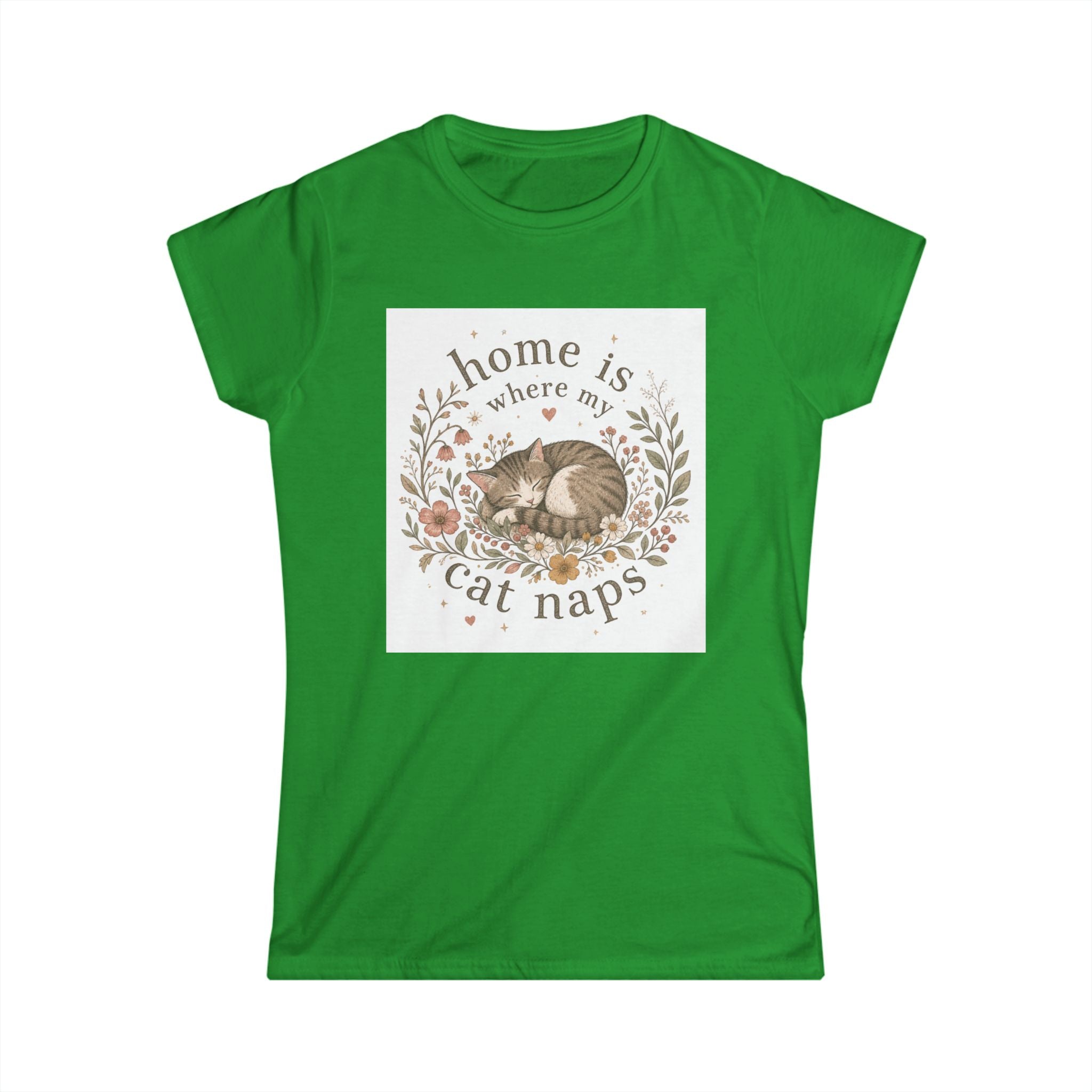Women's Tee — "Home Is Where My Cat Naps" Cute Floral Cat Nap T-Shirt
